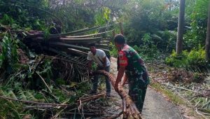 Karya Bhakti, Babinsa Bersama Warga Gotong Royong Bersihkan Jalanan yang Tertimbun Longsor
