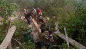 Bangun Kebersamaan, Babinsa Koramil  Masamba Bersama Warga Rehab Jembatan Penghubung
