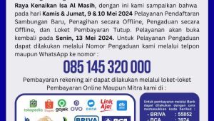 Kenaikan Isa Al-Masih, Perumda TM Palopo Umumkan Pelayanan Libur Nasional Selama 2 Hari